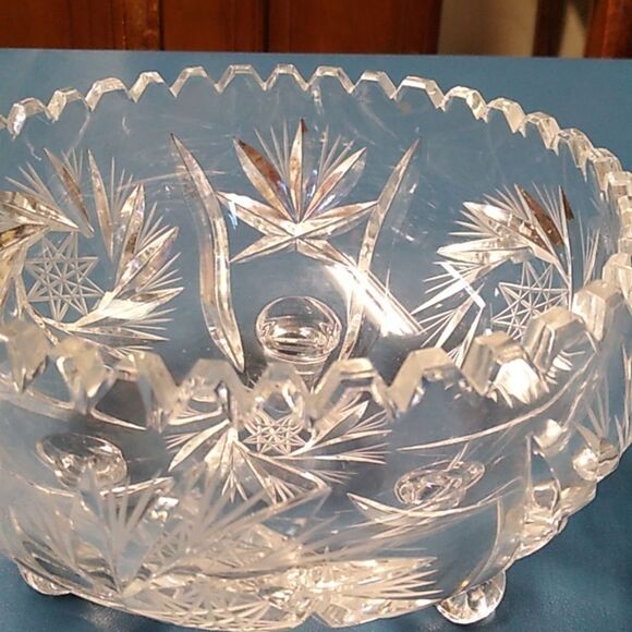 Crystal Cut Glass American Brilliant Saw Tooth Edge Footed Bowl - Picture 2 of 7